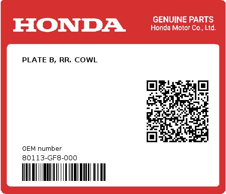 Product image: Honda - 80113-GF8-000 - PLATE B, RR. COWL  0