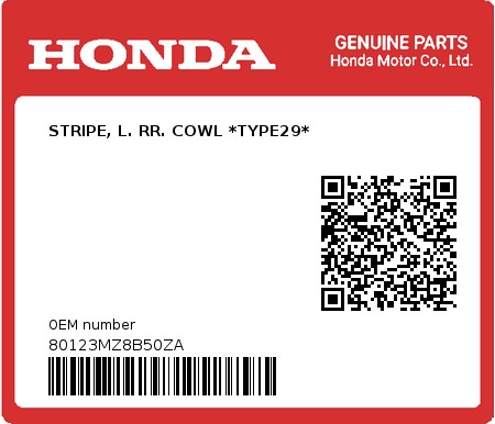 Product image: Honda - 80123MZ8B50ZA - STRIPE, L. RR. COWL *TYPE29*  0