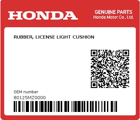 Product image: Honda - 80125MZ0000 - RUBBER, LICENSE LIGHT CUSHION 