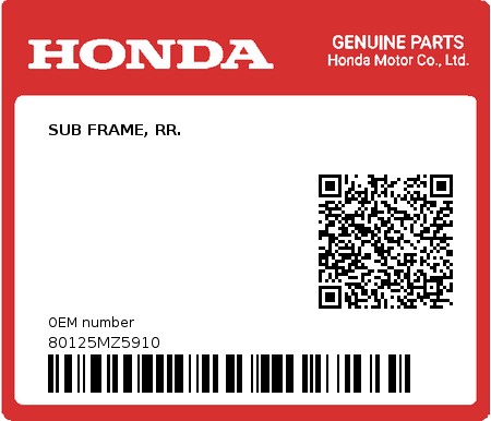 Product image: Honda - 80125MZ5910 - SUB FRAME, RR.  0