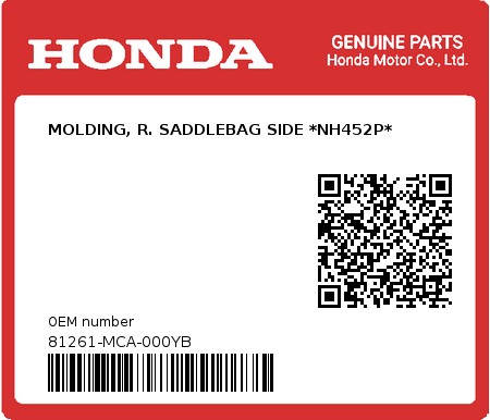 Product image: Honda - 81261-MCA-000YB - MOLDING, R. SADDLEBAG SIDE *NH452P*  0