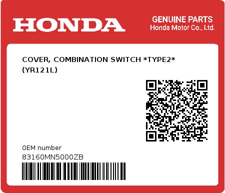 Product image: Honda - 83160MN5000ZB - COVER, COMBINATION SWITCH *TYPE2* (YR121L) 