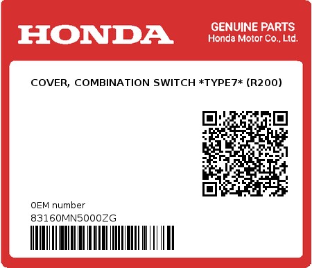 Product image: Honda - 83160MN5000ZG - COVER, COMBINATION SWITCH *TYPE7* (R200) 