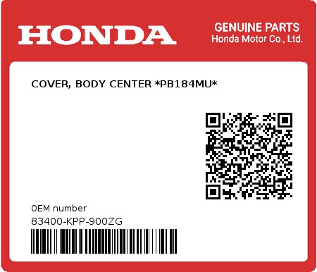 Product image: Honda - 83400-KPP-900ZG - COVER, BODY CENTER *PB184MU*  0