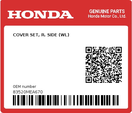 Product image: Honda - 83520MEA670 - COVER SET, R. SIDE (WL)  0