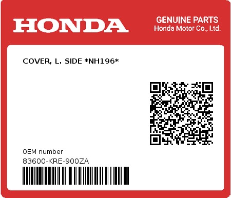 Product image: Honda - 83600-KRE-900ZA - COVER, L. SIDE *NH196*  0