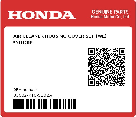 Product image: Honda - 83602-KT0-910ZA - AIR CLEANER HOUSING COVER SET (WL) *NH138* 