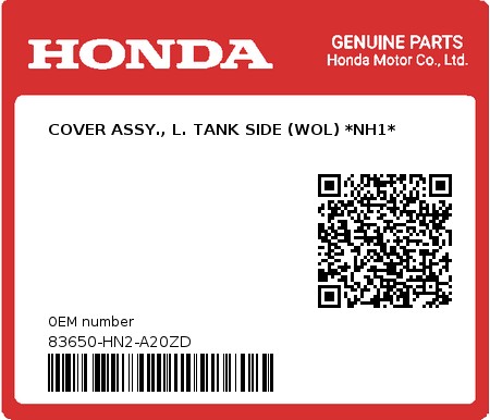 Product image: Honda - 83650-HN2-A20ZD - COVER ASSY., L. TANK SIDE (WOL) *NH1* 