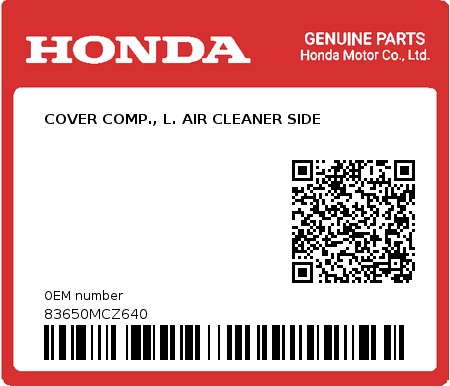 Product image: Honda - 83650MCZ640 - COVER COMP., L. AIR CLEANER SIDE  0