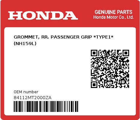 Product image: Honda - 84112MT2000ZA - GROMMET, RR. PASSENGER GRIP *TYPE1* (NH159L) 