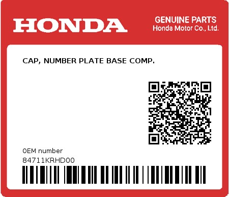 Product image: Honda - 84711KRHD00 - CAP, NUMBER PLATE BASE COMP.  0