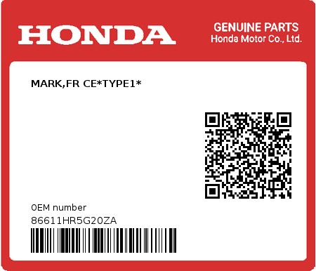 Product image: Honda - 86611HR5G20ZA - MARK,FR CE*TYPE1* 