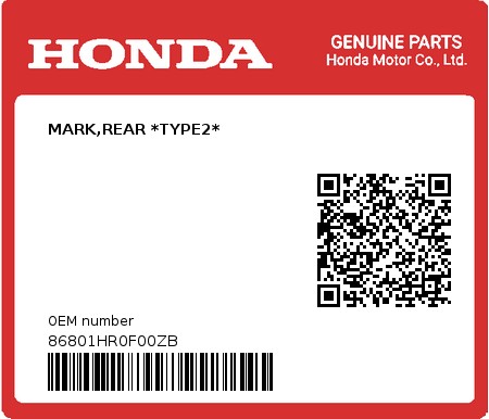 Product image: Honda - 86801HR0F00ZB - MARK,REAR *TYPE2* 