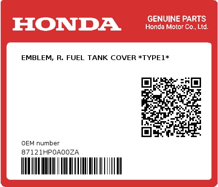 Product image: Honda - 87121HP0A00ZA - EMBLEM, R. FUEL TANK COVER *TYPE1* 