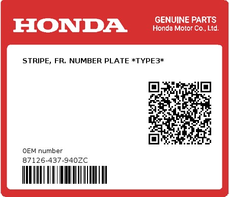 Product image: Honda - 87126-437-940ZC - STRIPE, FR. NUMBER PLATE *TYPE3*  0