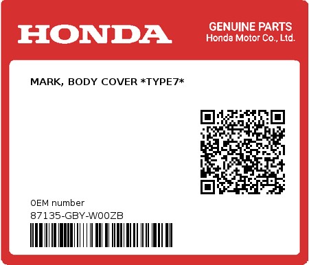 Product image: Honda - 87135-GBY-W00ZB - MARK, BODY COVER *TYPE7*  0