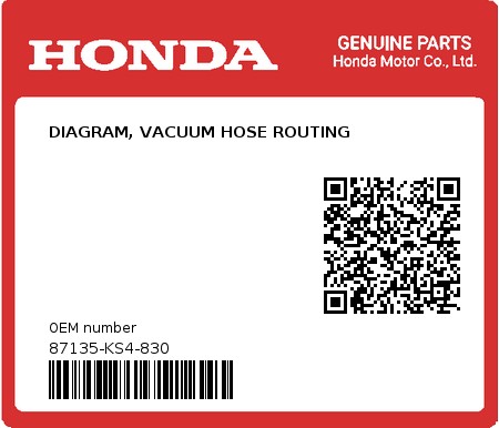 Product image: Honda - 87135-KS4-830 - DIAGRAM, VACUUM HOSE ROUTING 