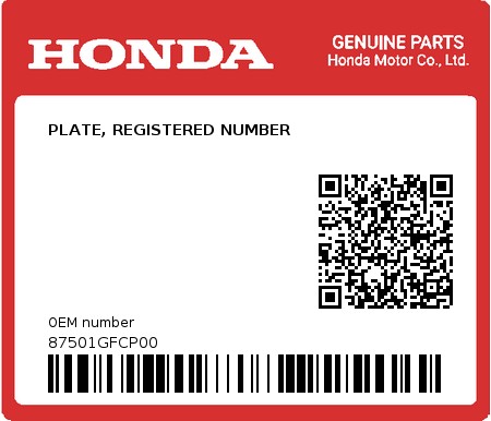 Product image: Honda - 87501GFCP00 - PLATE, REGISTERED NUMBER 