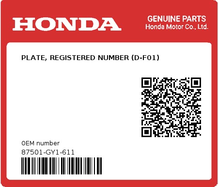 Product image: Honda - 87501-GY1-611 - PLATE, REGISTERED NUMBER (D-F01) 