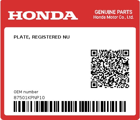 Product image: Honda - 87501KPNP10 - PLATE, REGISTERED NU  0
