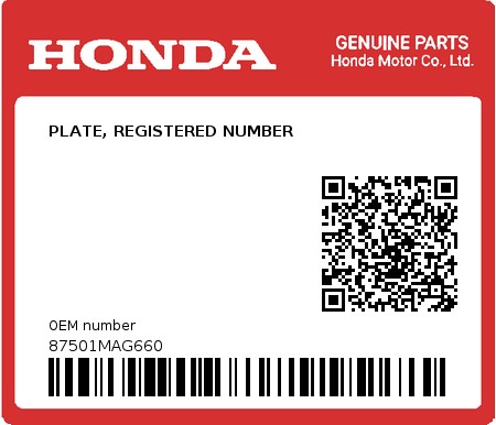 Product image: Honda - 87501MAG660 - PLATE, REGISTERED NUMBER  0