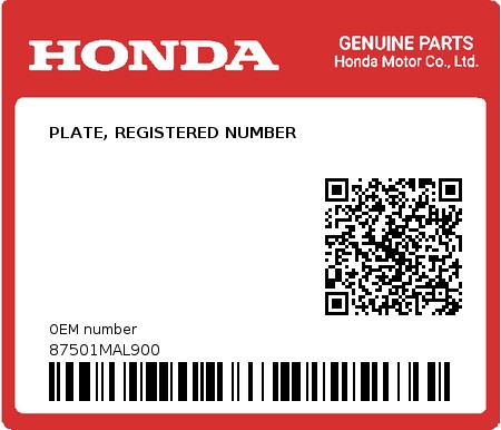 Product image: Honda - 87501MAL900 - PLATE, REGISTERED NUMBER 