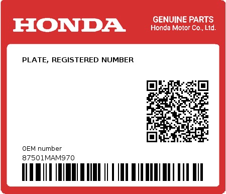 Product image: Honda - 87501MAM970 - PLATE, REGISTERED NUMBER 