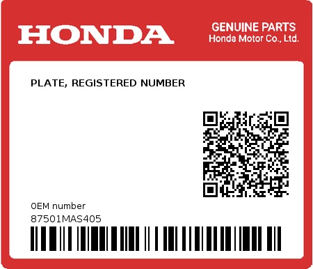 Product image: Honda - 87501MAS405 - PLATE, REGISTERED NUMBER  0