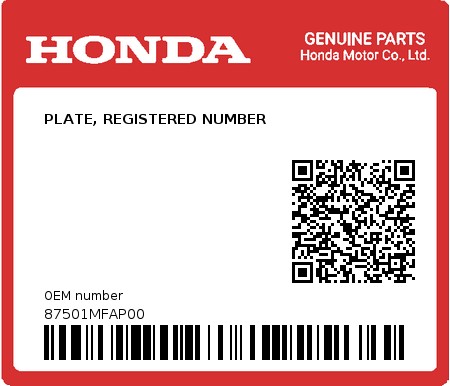 Product image: Honda - 87501MFAP00 - PLATE, REGISTERED NUMBER 