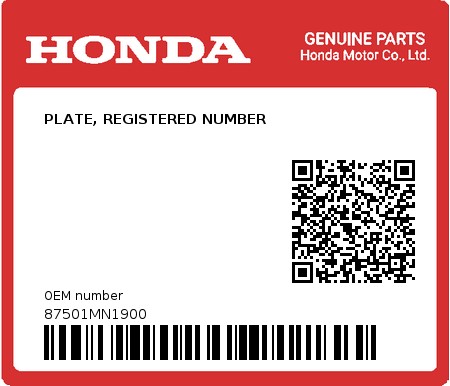 Product image: Honda - 87501MN1900 - PLATE, REGISTERED NUMBER  0