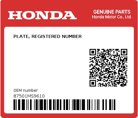 Product image: Honda - 87501MS9610 - PLATE, REGISTERED NUMBER  0