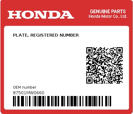 Product image: Honda - 87501MW0660 - PLATE, REGISTERED NUMBER 