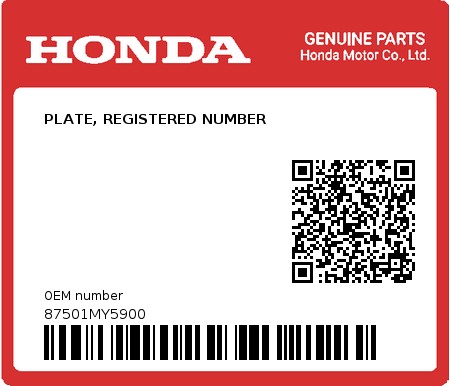 Product image: Honda - 87501MY5900 - PLATE, REGISTERED NUMBER  0
