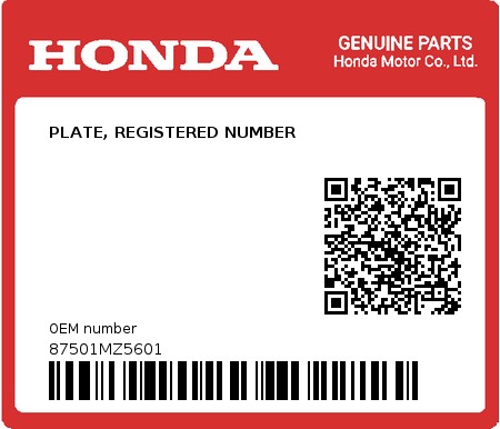 Product image: Honda - 87501MZ5601 - PLATE, REGISTERED NUMBER  0