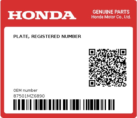 Product image: Honda - 87501MZ6890 - PLATE, REGISTERED NUMBER  0