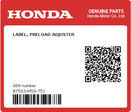 Product image: Honda - 87503-MS9-751 - LABEL, PRELOAD ADJUSTER 