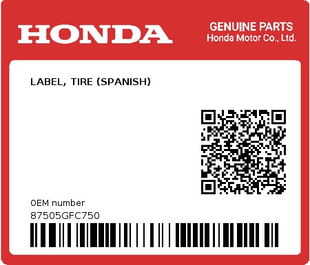 Product image: Honda - 87505GFC750 - LABEL, TIRE (SPANISH)  0
