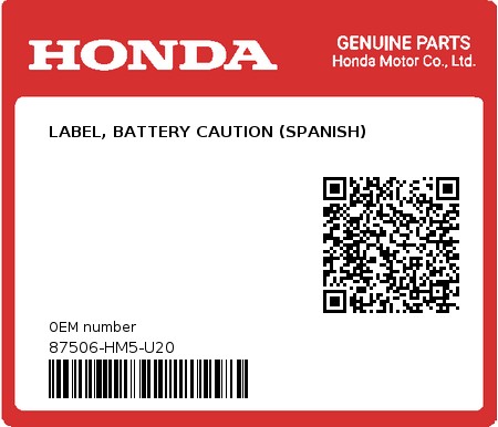 Product image: Honda - 87506-HM5-U20 - LABEL, BATTERY CAUTION (SPANISH) 