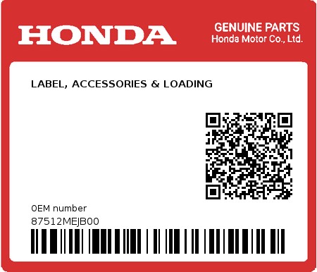 Product image: Honda - 87512MEJB00 - LABEL, ACCESSORIES & LOADING 