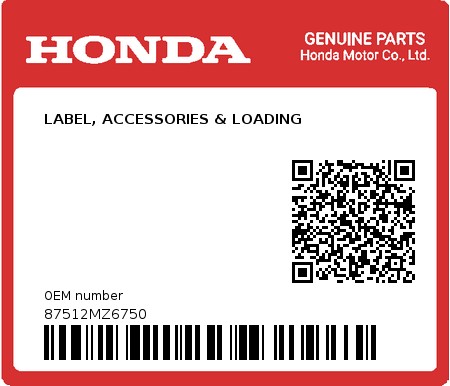 Product image: Honda - 87512MZ6750 - LABEL, ACCESSORIES & LOADING  0