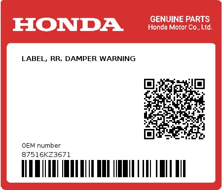 Product image: Honda - 87516KZ3671 - LABEL, RR. DAMPER WARNING  0