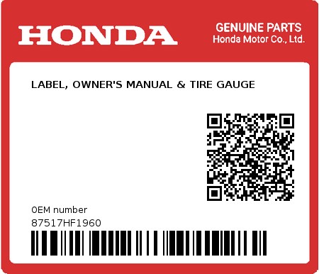 Product image: Honda - 87517HF1960 - LABEL, OWNER'S MANUAL & TIRE GAUGE 