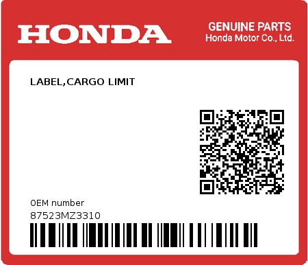 Product image: Honda - 87523MZ3310 - LABEL,CARGO LIMIT  0