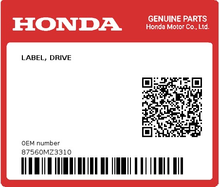 Product image: Honda - 87560MZ3310 - LABEL, DRIVE  0