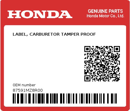 Product image: Honda - 87591MZ8R00 - LABEL, CARBURETOR TAMPER PROOF  0