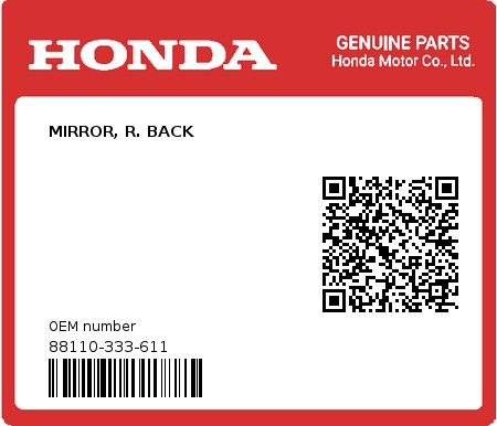 Product image: Honda - 88110-333-611 - MIRROR, R. BACK  0