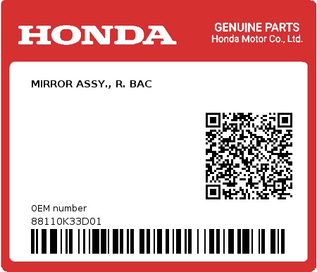 Product image: Honda - 88110K33D01 - MIRROR ASSY., R. BAC  0