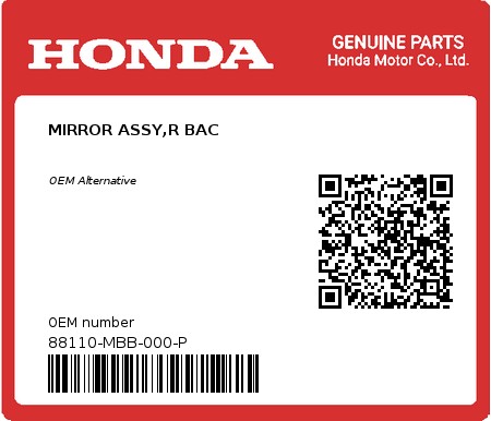 Product image: Honda - 88110-MBB-000-P - MIRROR ASSY,R BAC  0