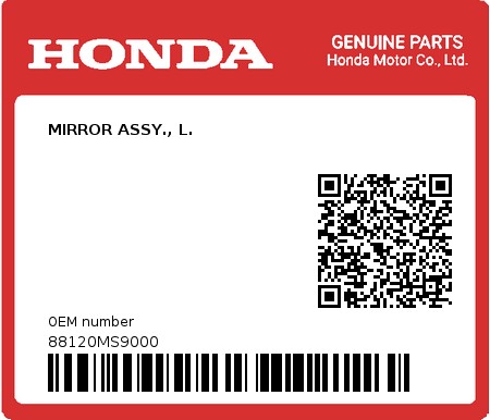 Product image: Honda - 88120MS9000 - MIRROR ASSY., L.  0