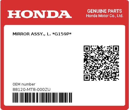 Product image: Honda - 88120-MT8-000ZU - MIRROR ASSY., L. *G159P*  0